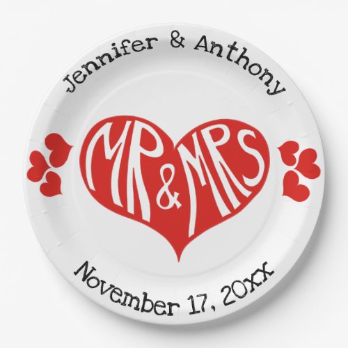 Mr and Mrs Red and White Heart Shape Wedding Paper Plates