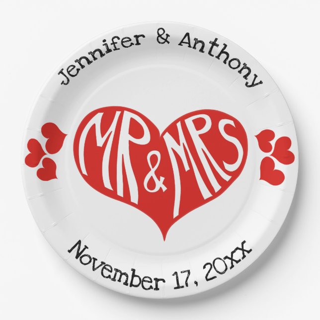 Mr and Mrs Red and White Heart Shape Wedding Paper Plates (Front)