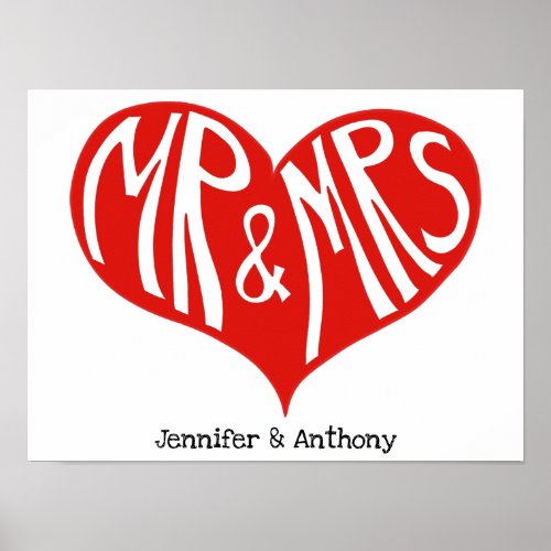 Mr and Mrs Red and White Heart Shape Wedding Poster