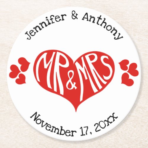 Mr and Mrs Red and White Heart Shape Wedding Round Paper Coaster