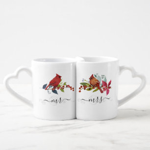 Mr and Mrs Red Cardinal Watercolor Floral Wedding Coffee Mug Set