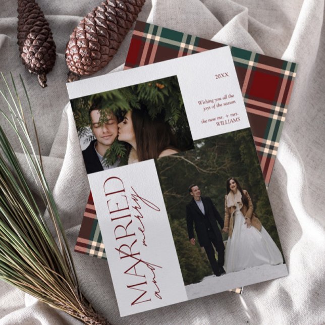 Mr and Mrs Red Green Tartan Married & Merry Photo Holiday Card (Creator Uploaded)