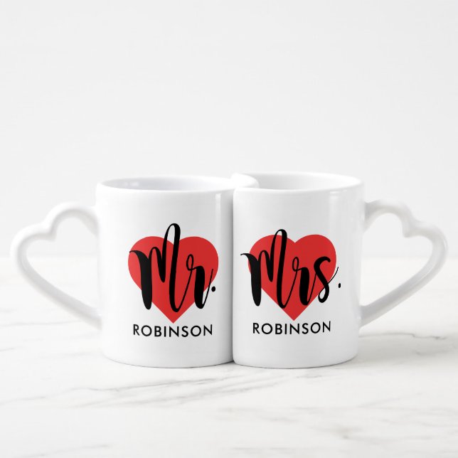 Mr and Mrs Red Heart Script Monogram Coffee Mug Set (Front Nesting)