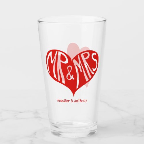 Mr and Mrs Red Heart Shape Wedding Glass