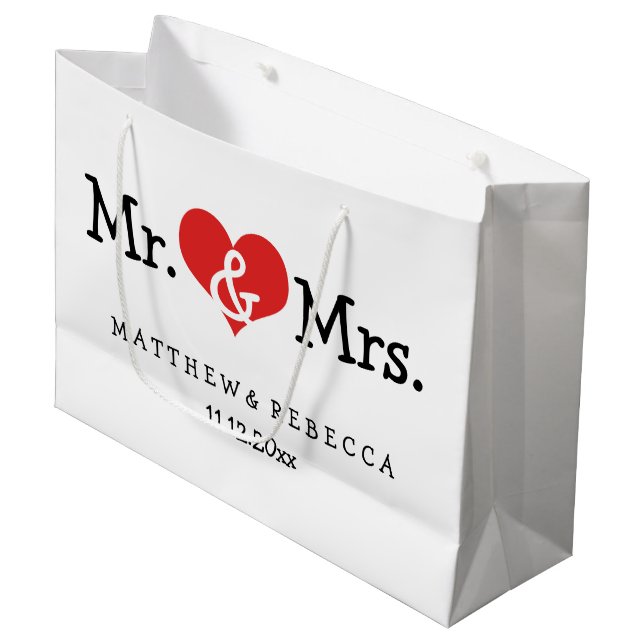 Mr and Mrs Red Heart Wedding Personalized Large Gift Bag (Front Angled)