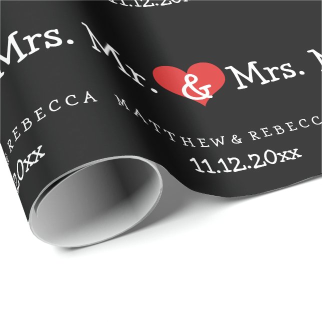 Mr and Mrs Red Heart Wedding Wrapping Paper (Roll Corner)