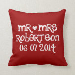 Mr and Mrs red love heart wedding throw pillows<br><div class="desc">Custom Mr and Mrs chalk writing wedding throw pillow with vintage love heart. Personalized chalk board pillow cushions for sofa or bed.  Fun design with white heart and name of newly wed couple. Cute home decor personalized for bride and groom / husband and wife. Romantic wedding presents for newlyweds.</div>