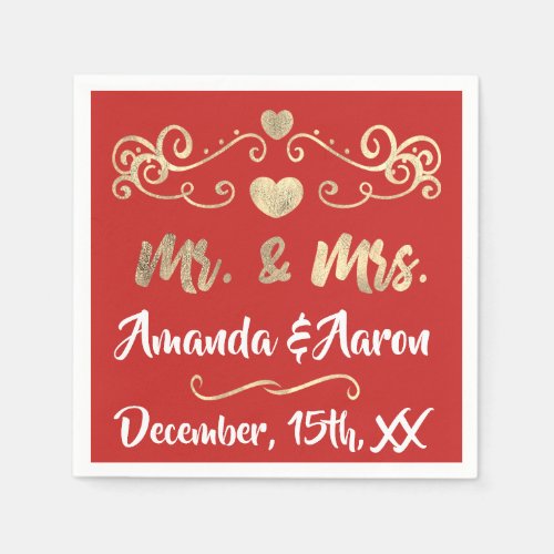 Mr and Mrs Red Ruby White Hearts Name Golden Napkins