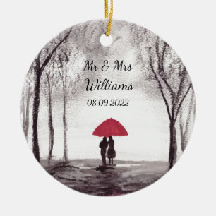 Mr and Mrs Red umbrella couple Newlyweds Wedding Ceramic Ornament
