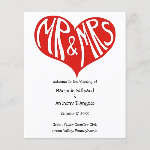 Mr and Mrs Red White Heart Shape Wedding Program