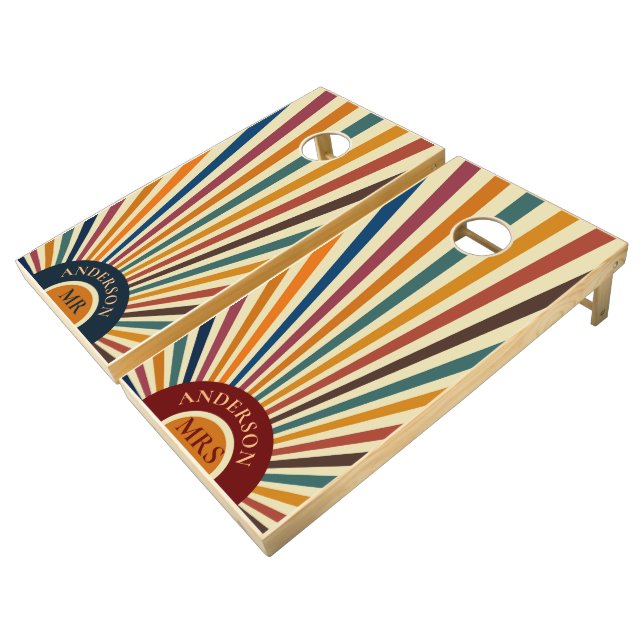 Mr and Mrs Retro Sunshine Red Green Personalized  Cornhole Set (Angled)