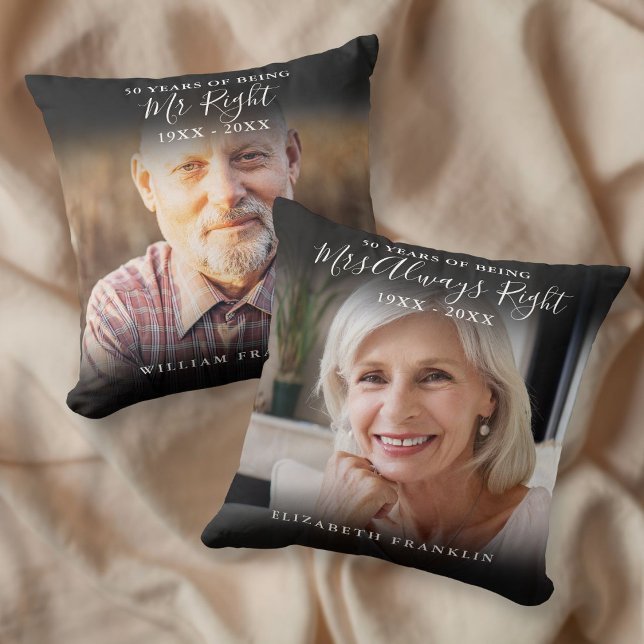 Mr And Mrs Right Fun 2 Photo Anniversary Throw Pillow (Mr And Mrs Right Fun 2 Photo Anniversary Throw Pillow)