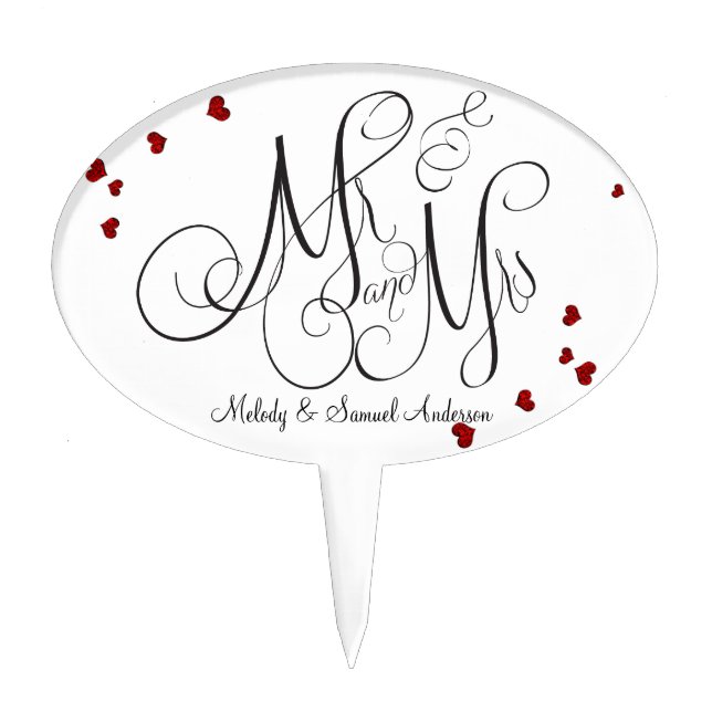 Mr and Mrs | Ruby and Diamond Hearts Cake Topper (Front)