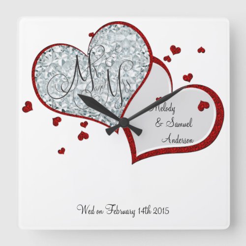 Mr and Mrs  Ruby and Diamond Hearts Square Wall Clock