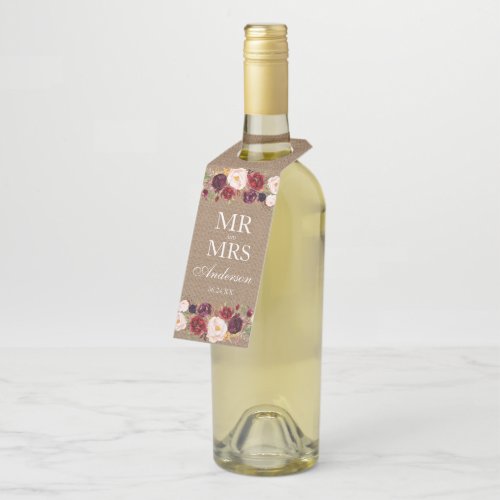 Mr and Mrs Rustic Burlap Burgundy Floral Wedding Bottle Hanger Tag