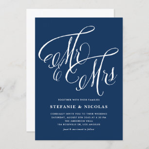 Mr. and Mrs. Rustic Calligraphy Navy Blue Wedding Invitation