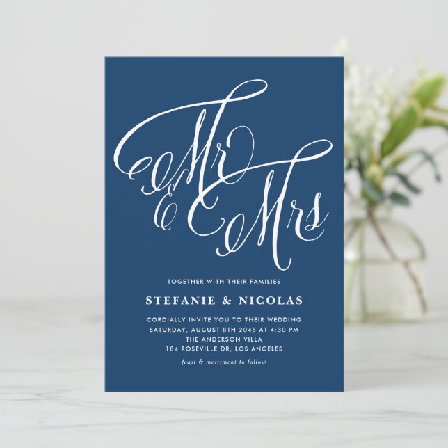 Mr. and Mrs. Rustic Calligraphy Navy Blue Wedding Invitation (Standing Front)