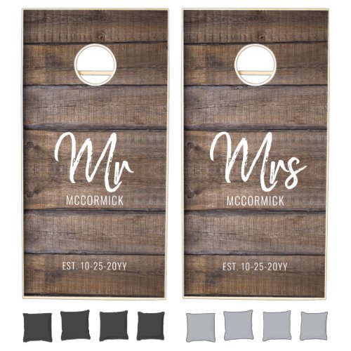 Mr and Mrs Rustic Wood Wedding Monogram Cornhole Set