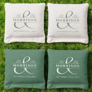 Mr. and Mrs. Sage Green Monogram Wedding Cornhole Bags