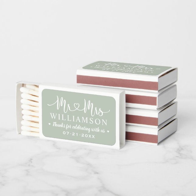 Mr and Mrs Sage Green Personalized Wedding Matchboxes (Stacked)