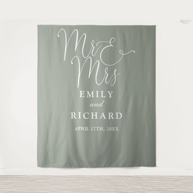Mr And Mrs Sage Green Wedding Photo Backdrop (Front)