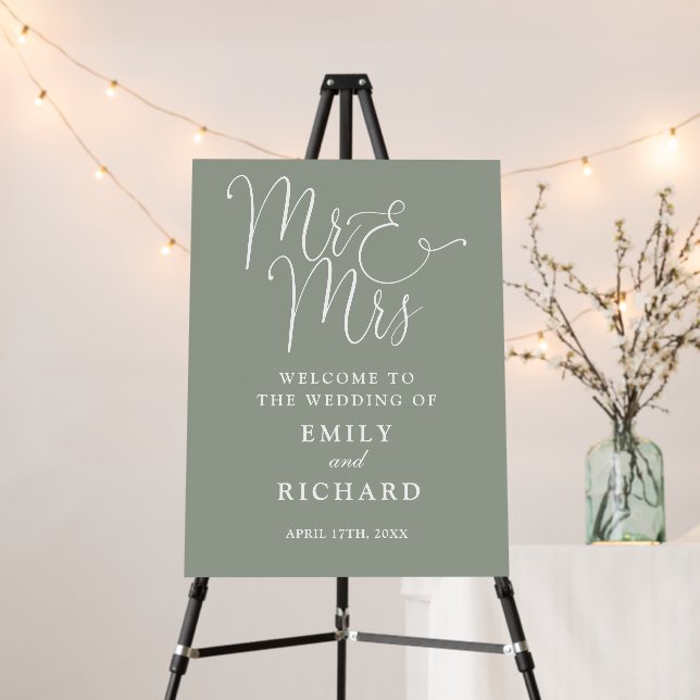 Mr And Mrs Sage Green Wedding Welcome Sign (In Situ (Stand))