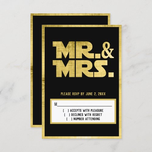 Mr and Mrs Sci Fi Black Gold Wedding RSVP Card