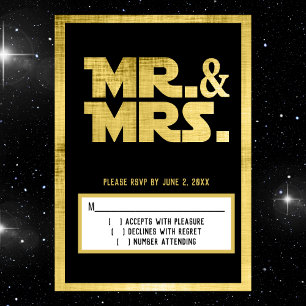 Mr and Mrs Sci Fi Black Gold Wedding RSVP Card