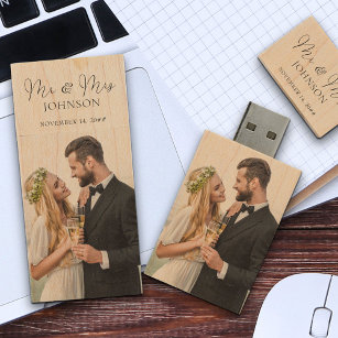 Mr and Mrs Script Calligraphy Wedding Photos Wood Flash Drive