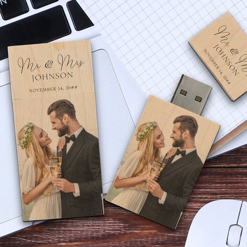 Mr and Mrs Script Calligraphy Wedding Photos Wood Flash Drive