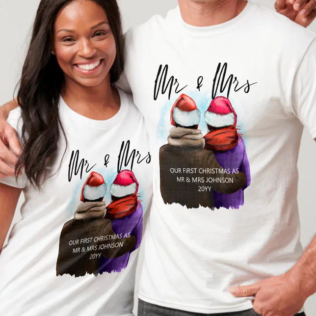 Mr and Mrs Script Couples Christmas T-Shirt | Zazzle