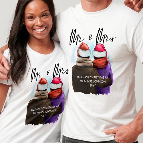 Mr and Mrs Script Couples Christmas T_Shirt
