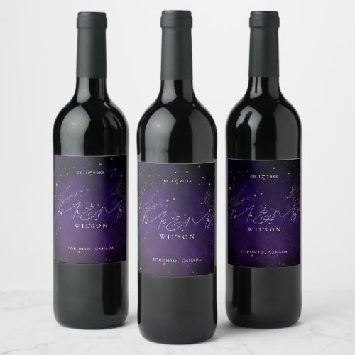 Mr and Mrs Script Dark Purple Magical Gold  Wine Label