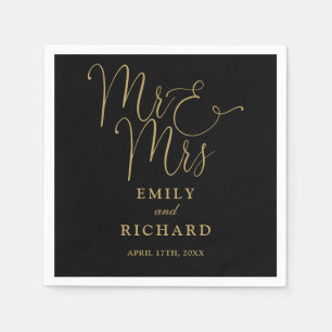 Mr And Mrs Script Elegant Black And Gold Wedding Napkins