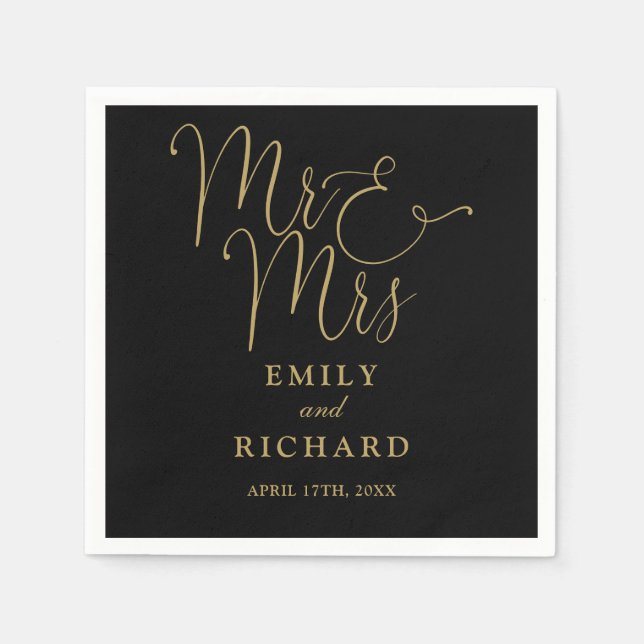 Mr And Mrs Script Elegant Black And Gold Wedding Napkins (Front)