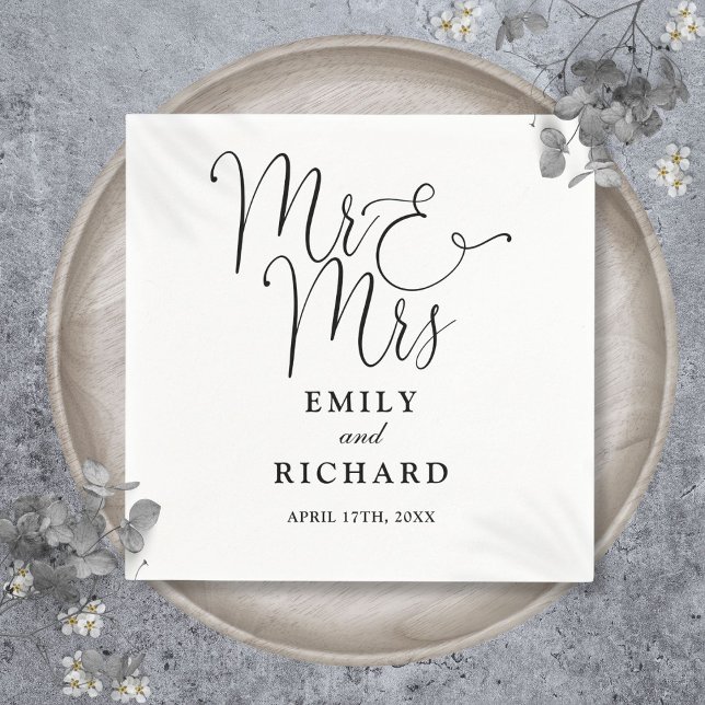Mr And Mrs Script Elegant Black And White Wedding Napkins (Mr And Mrs Script Elegant Black And White Wedding Napkins)