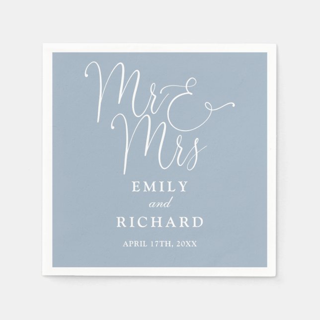 Mr And Mrs Script Elegant Dusty Blue Wedding Napkins (Front)