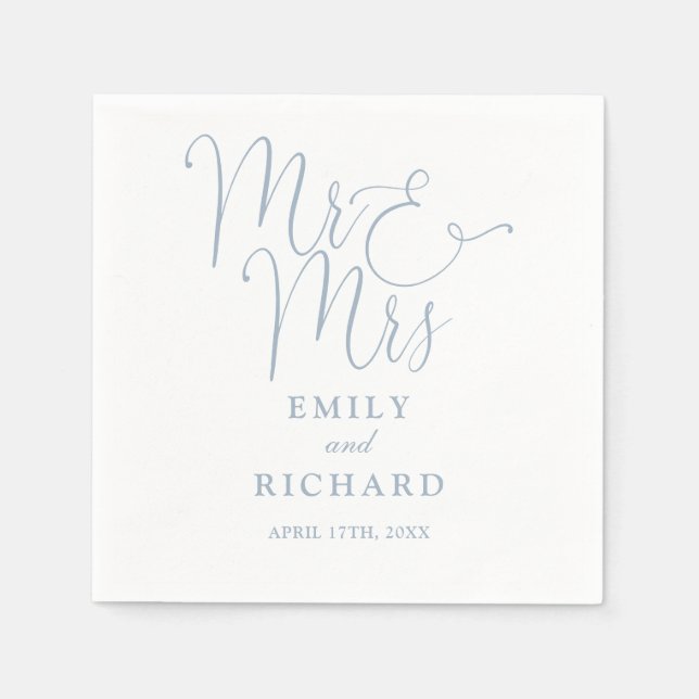 Mr And Mrs Script Elegant Dusty Blue Wedding Napkins (Front)