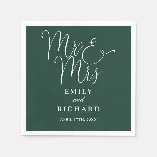Mr And Mrs Script Elegant Emerald Green Wedding Napkins (Front)