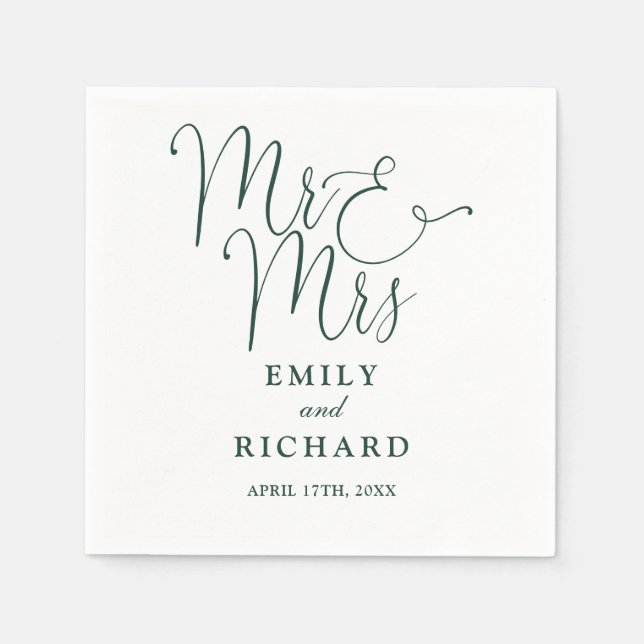Mr And Mrs Script Elegant Emerald Green Wedding Napkins (Front)