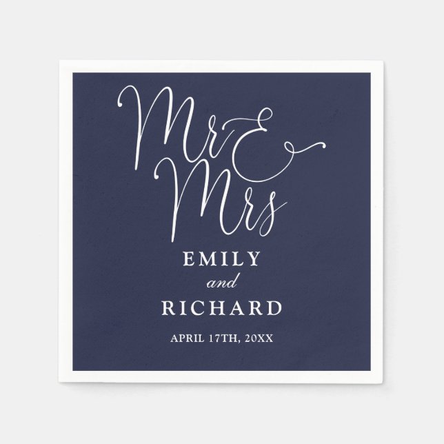 Mr And Mrs Script Elegant Navy Blue Wedding Napkins (Front)