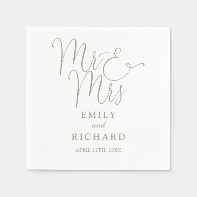 Mr And Mrs Script Elegant Sage Green Wedding Napkins (Front)