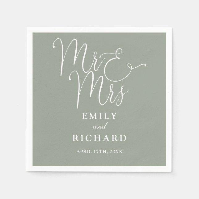 Mr And Mrs Script Elegant Sage Green Wedding Napkins (Front)