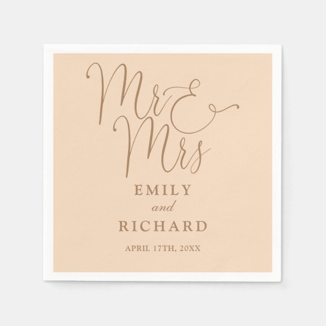 Mr And Mrs Script Elegant Soft Peach Wedding Napkins (Front)