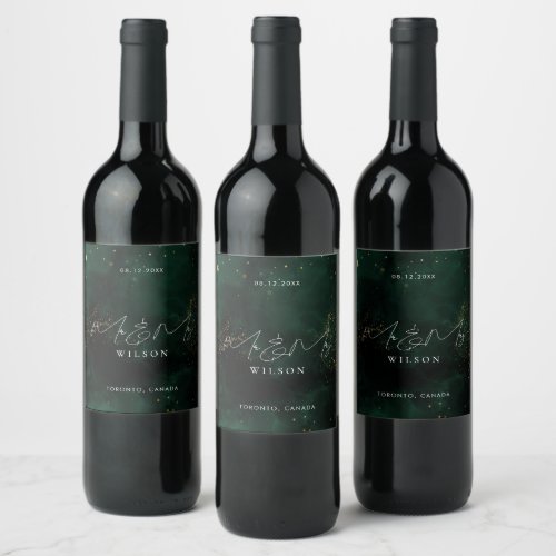 Mr and Mrs Script Emerald Green Magical Gold  Wine Label