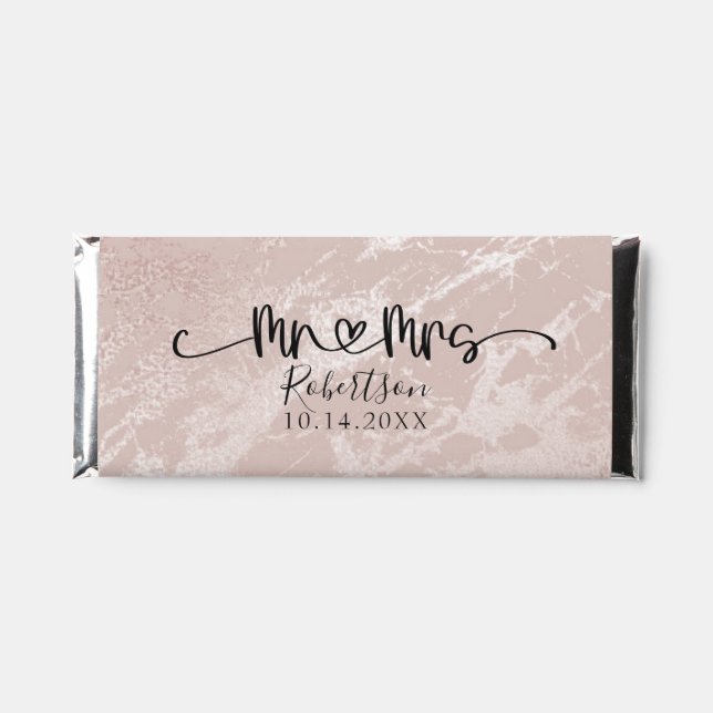Mr and Mrs Script Heart Marbled Blush Pink Wedding Hershey Bar Favors (Front)