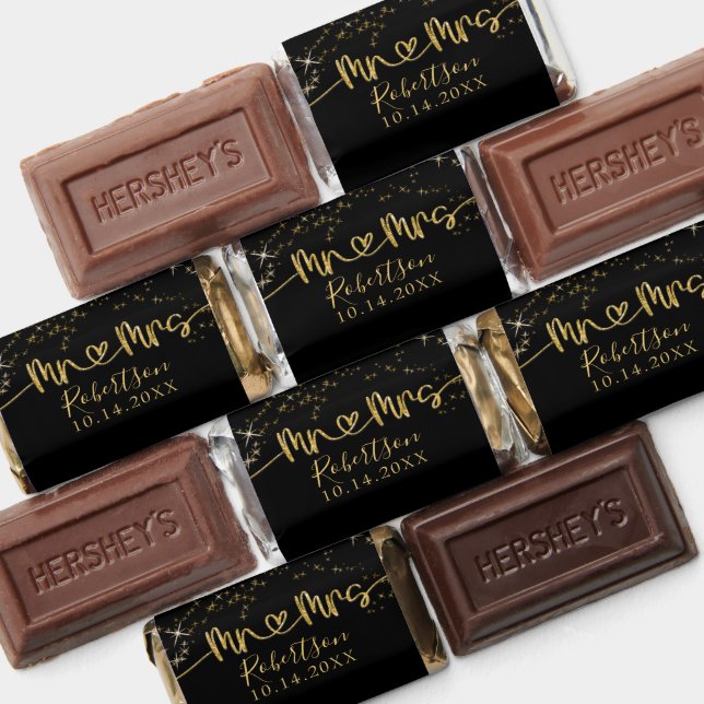 Mr and Mrs Script Heart Stars Black n Gold Wedding Hershey's Miniatures (Assorted)