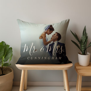 Mr. and Mrs. Script Monogram Wedding Photo Throw Pillow
