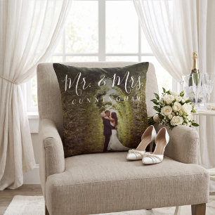 Mr. and Mrs. Script Monogram Wedding Photo Throw Pillow