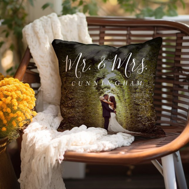 Mr. and Mrs. Script Monogram Wedding Photo Throw Pillow (Creator Uploaded)